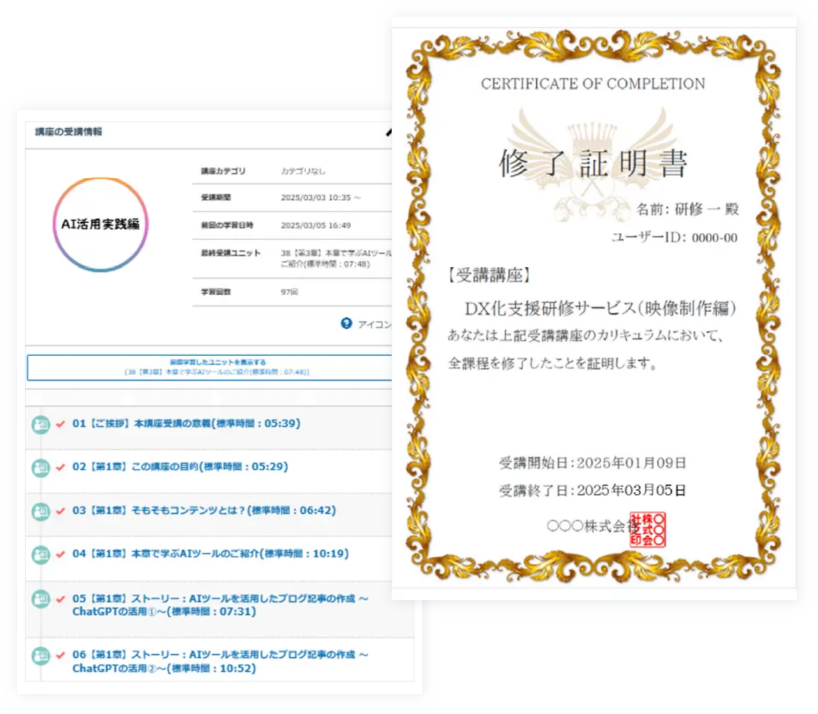 LMSレポートと修了証明書